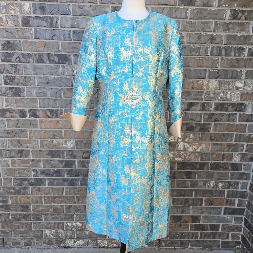 Serafina Coat Womens 10 Blue Gold Brocade Rhinestone 3/4 Sleeve Taffeta‎ Blazer